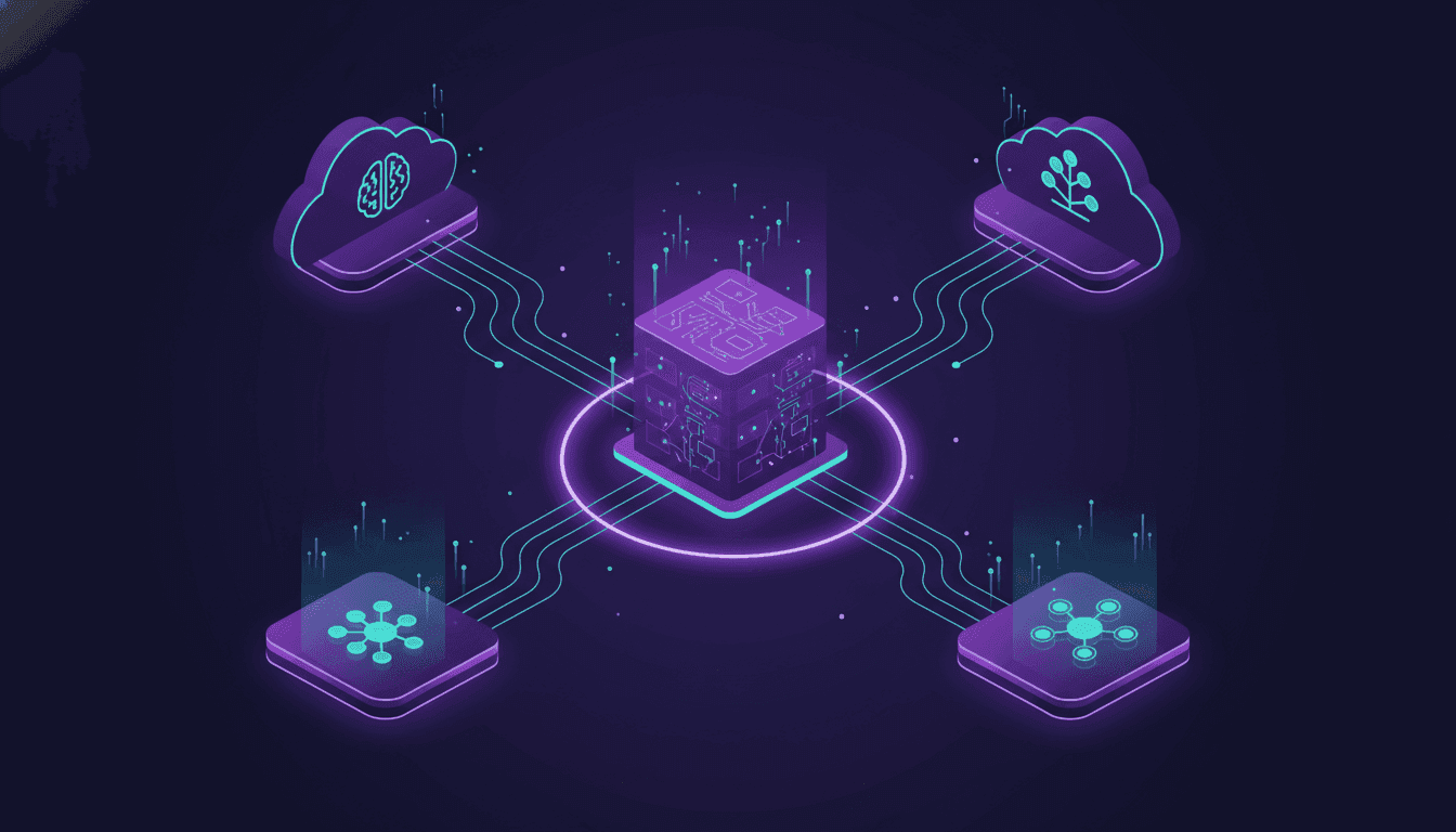 Honeyfield AI Gateway - isometrische Illustration eines zentralen LLM-Proxy Servers mit DSGVO-konformer EU-Datensouveränität