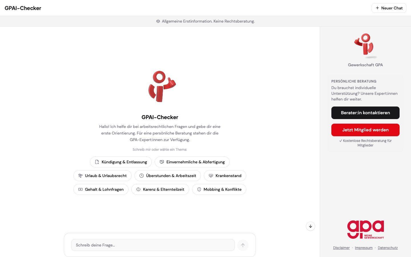 GPAI-Checker Homepage checkts.gpa.at mit acht Themen-Quickstarts zu Kündigung, Urlaub, Gehalt, Mobbing und weiteren Arbeitsrechtsfragen